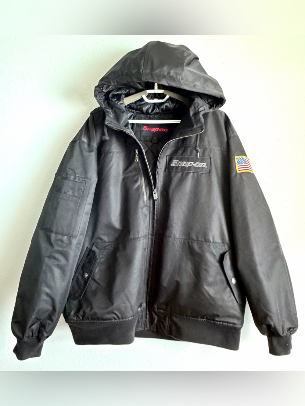 Snap-On Mens XL Black Hooded Jacket Quilted Lining Logo American Flag